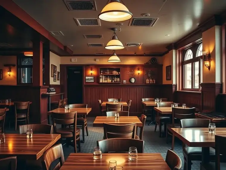 Ambiente interno de pizzaria com mesas de madeira e iluminação acolhedora