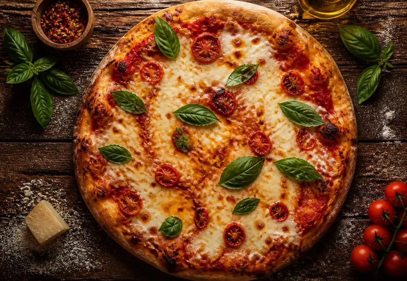 Pizza assada com muçarela, tomate e manjericão sobre mesa de madeira
