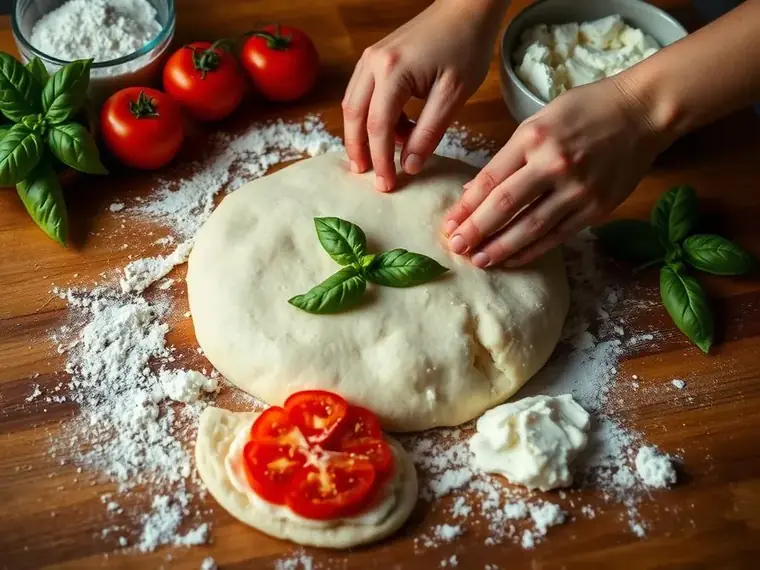 Preparação de massa de pizza com farinha, tomate e manjericão